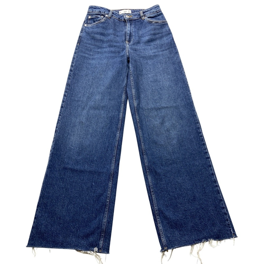 MNG Denim Casilda Jeans Womens 28x30.5 Blue High Rise Wide Leg Raw Frayed Hem